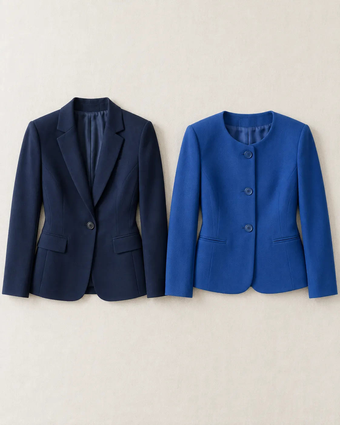 Blazer de dama azul marino con solapa y un botón junto a un blazer azul rey sin solapa de tres botones