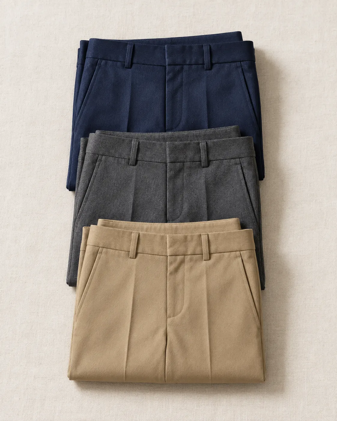Pantalones azul marino, gris carbón y caqui doblados en escalera, con pretina y pinzas visibles