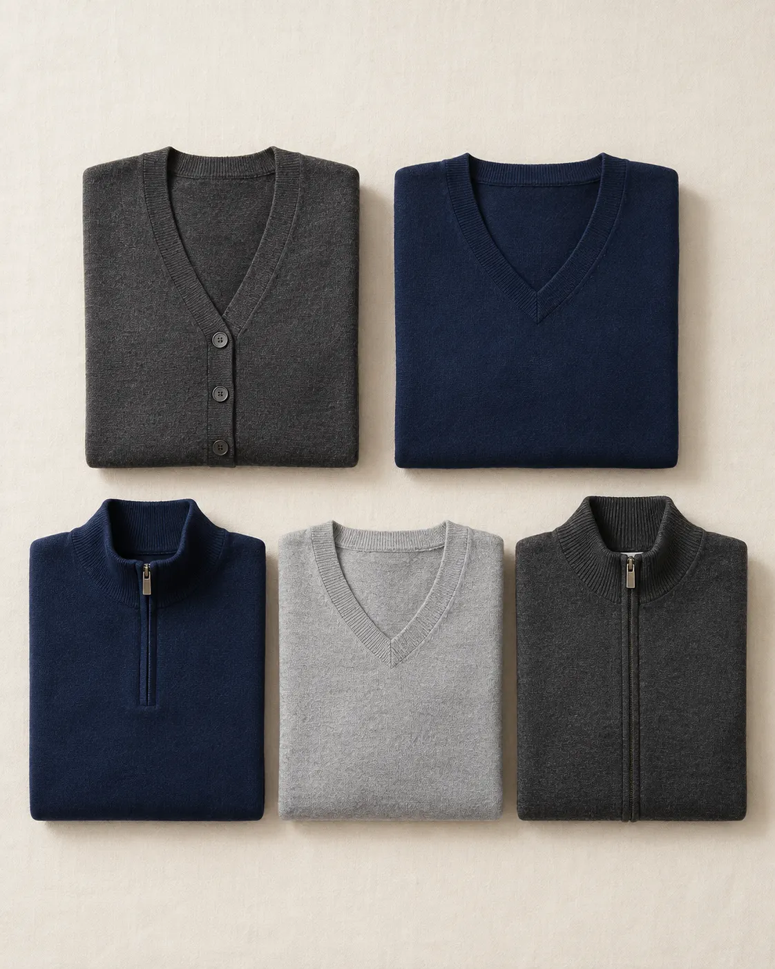 Cárdigan, suéteres de cuello V, medio zipper y zipper completo doblados en cuadrícula