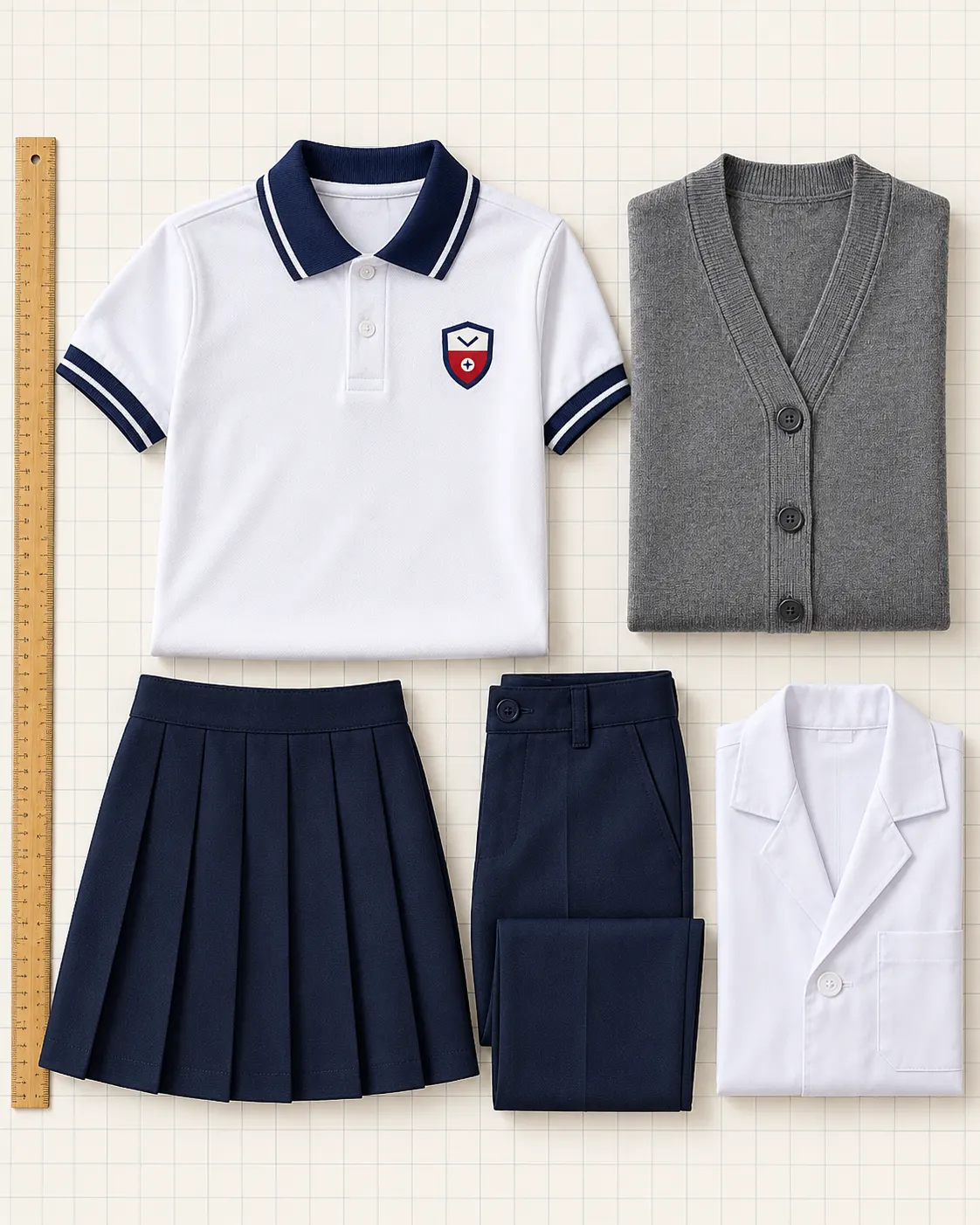 Uniforme de básicos: polo con escudo, cárdigan gris, falda tableada, pantalón y bata de laboratorio doblada