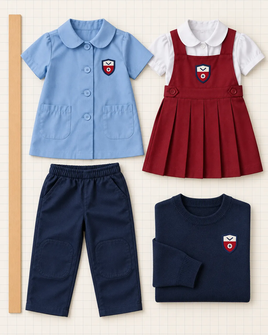 Uniforme de preprimaria en tallas pequeñas: gabacha celeste, jumper, blusa, pantalón con rodillas reforzadas y suéter