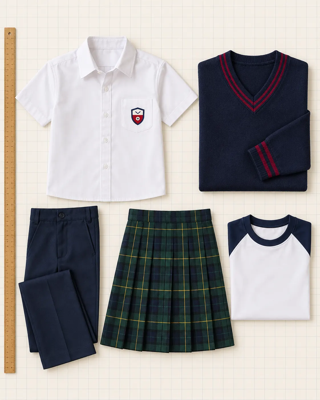 Uniforme de primaria: camisa blanca, pantalón azul marino, falda escocesa, suéter cuello V y playera de educación física