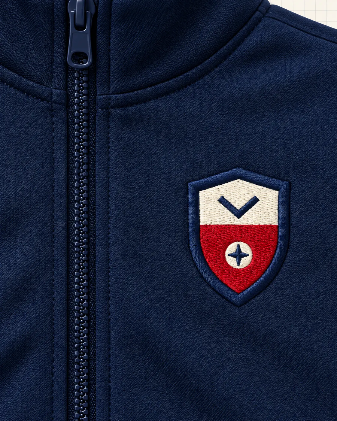 Chumpa escolar con escudo azul marino, detalle de escudo