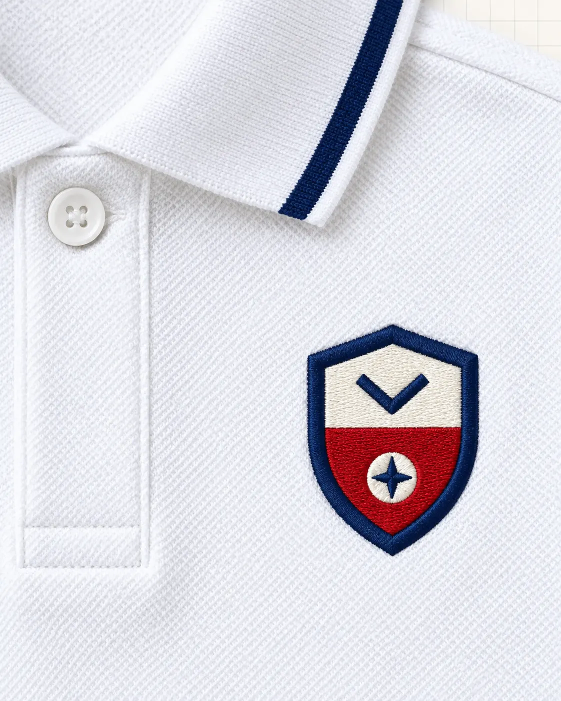 Polo escolar con escudo blanco, detalle de escudo bordado