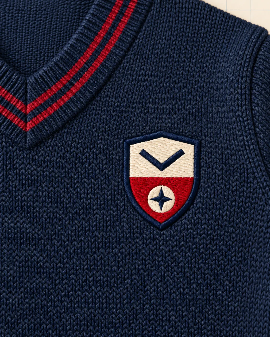Suéter cuello V con franjas azul marino, detalle de escudo