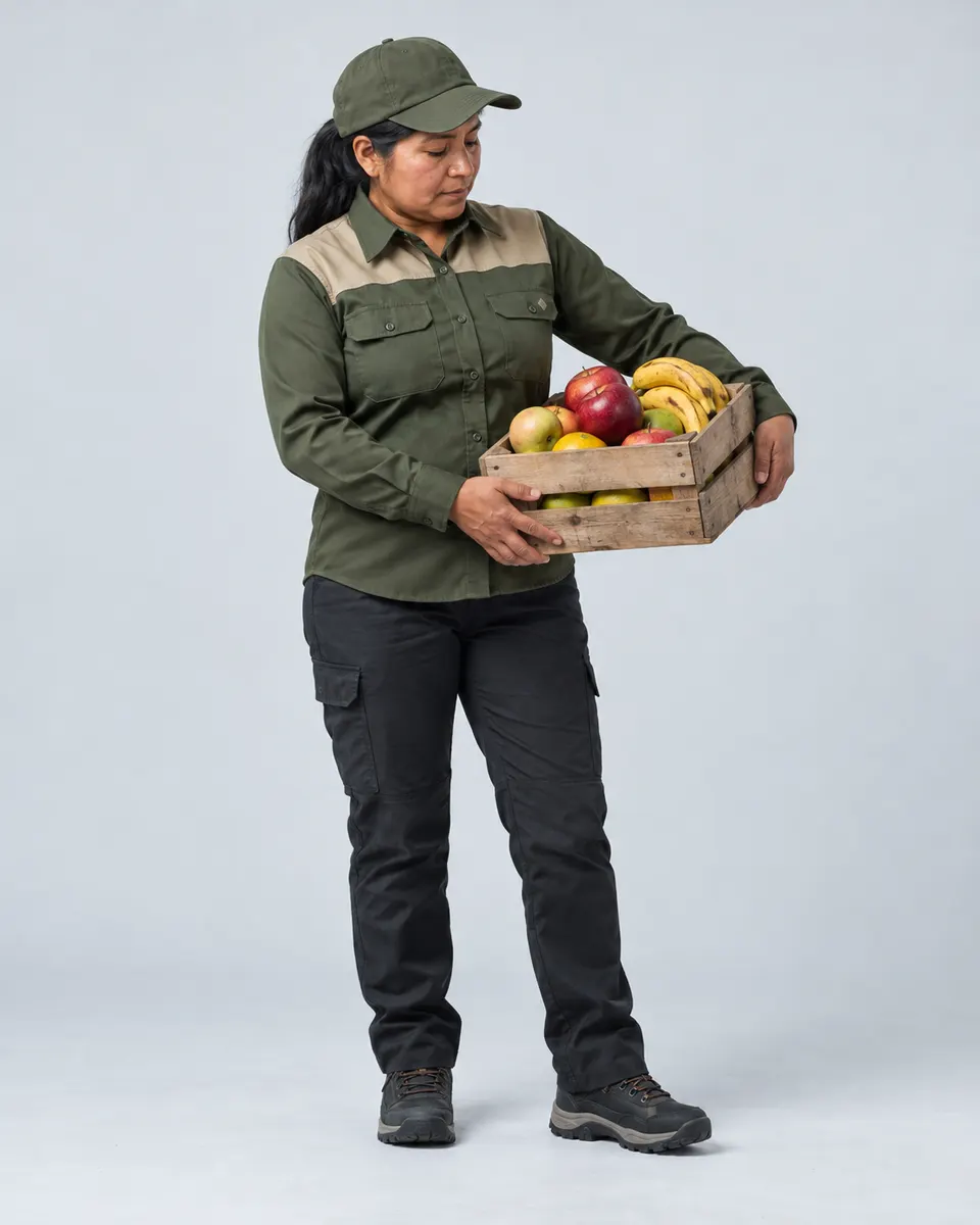 Trabajadora con camisa de trabajo verde olivo, canesú kaki y gorra carga una caja de fruta