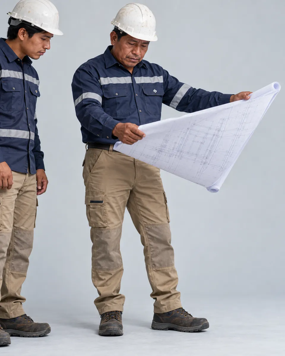 Maestro de obra con casco, camisa de trabajo con cinta reflectiva y pantalón cargo revisa unos planos