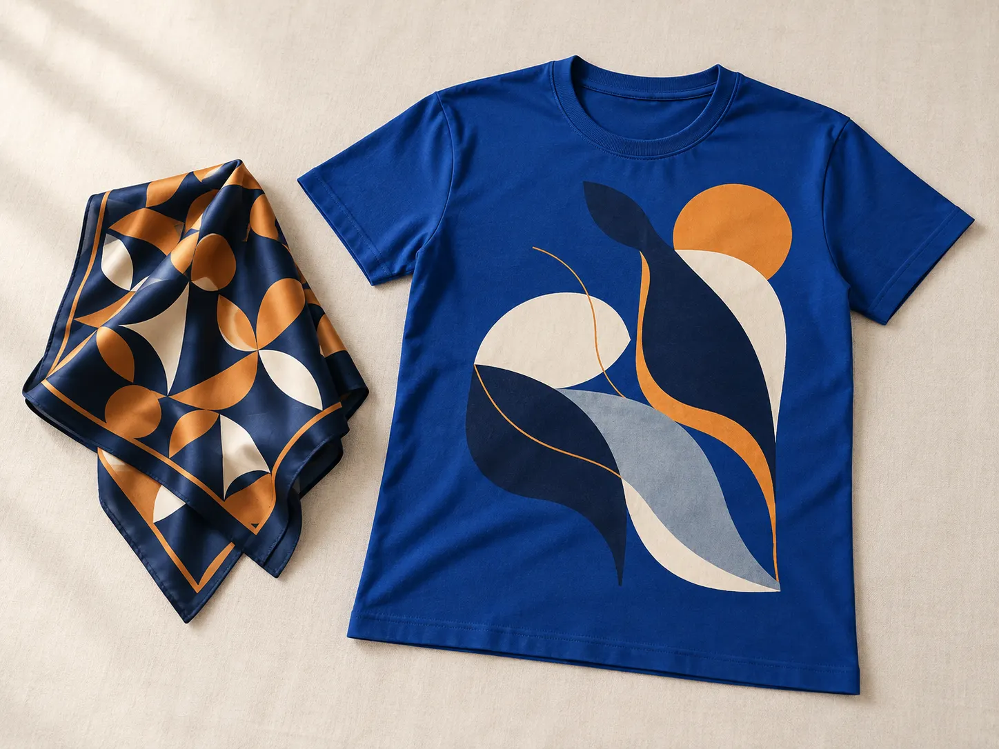 Pañoleta y playera azul rey con estampados geométricos sublimados en azul marino, ámbar y crema