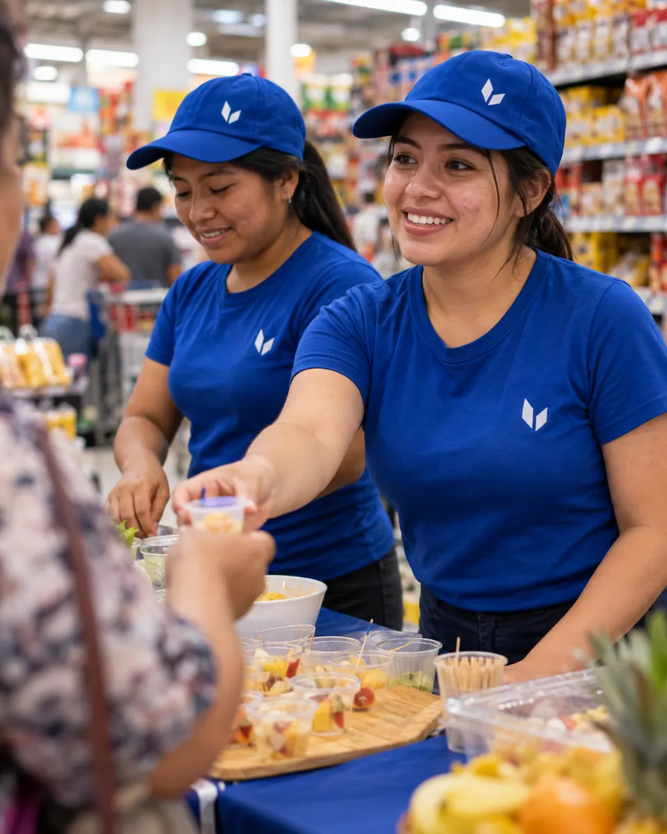 Promotoras con playera y gorra de marca reparten muestras en un supermercado