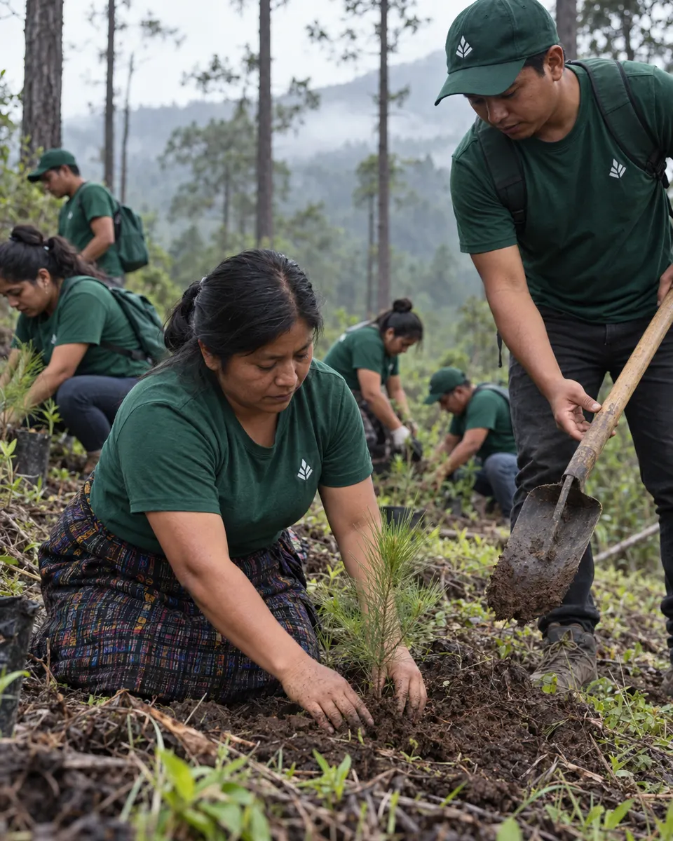 Voluntarios con playeras y mochilas de cordón del mismo color en una jornada de reforestación