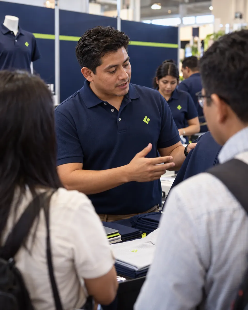 Expositor con polo promocional bordado explica un producto en el stand de una feria
