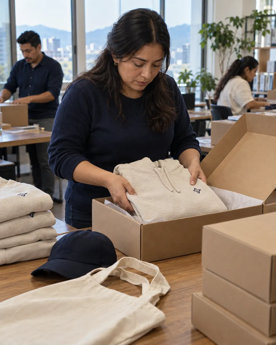 Persona arma kits de bienvenida con sudadero, gorra y bolsa tote bordados en una oficina