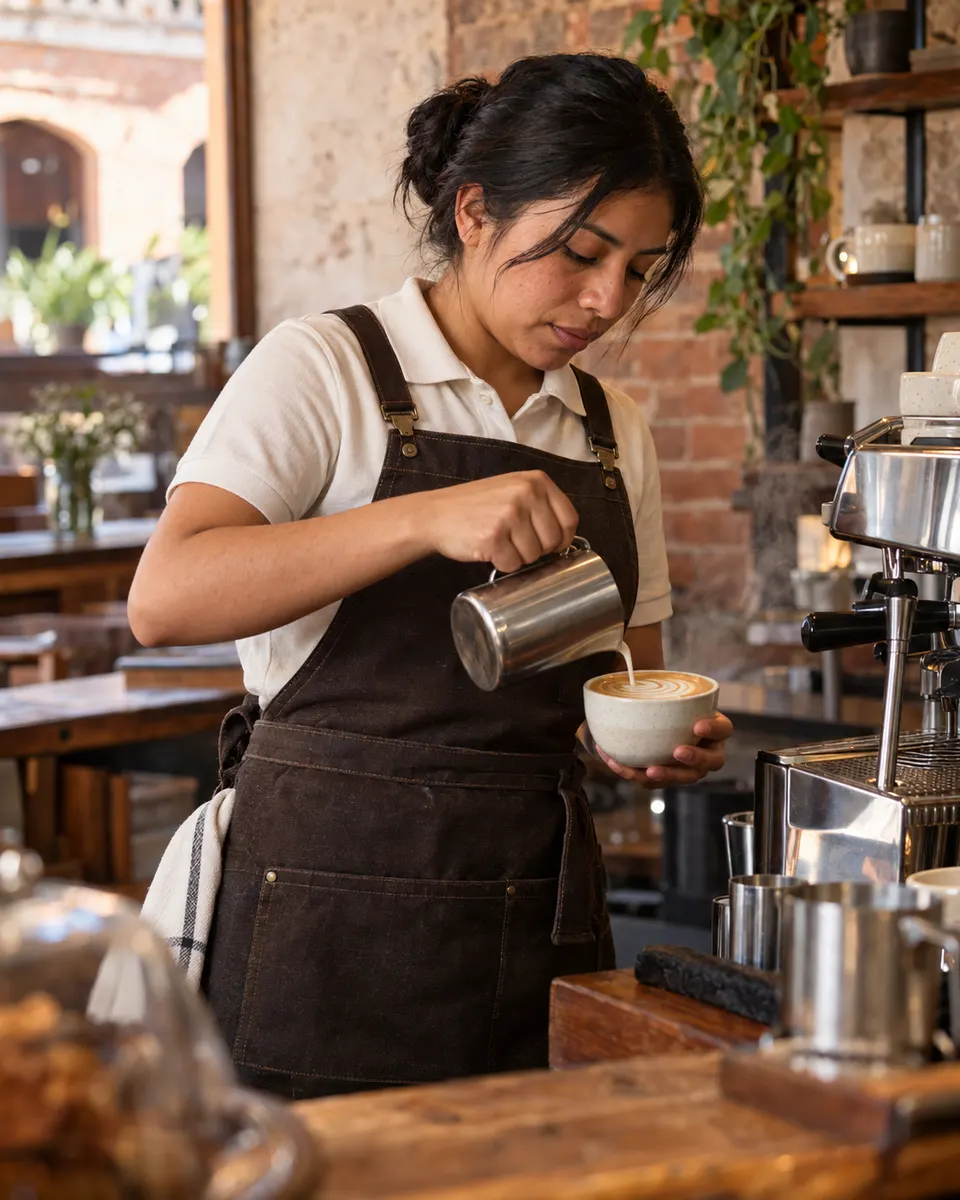 Barista con delantal cruzado de lona prepara un café en la barra de una cafetería
