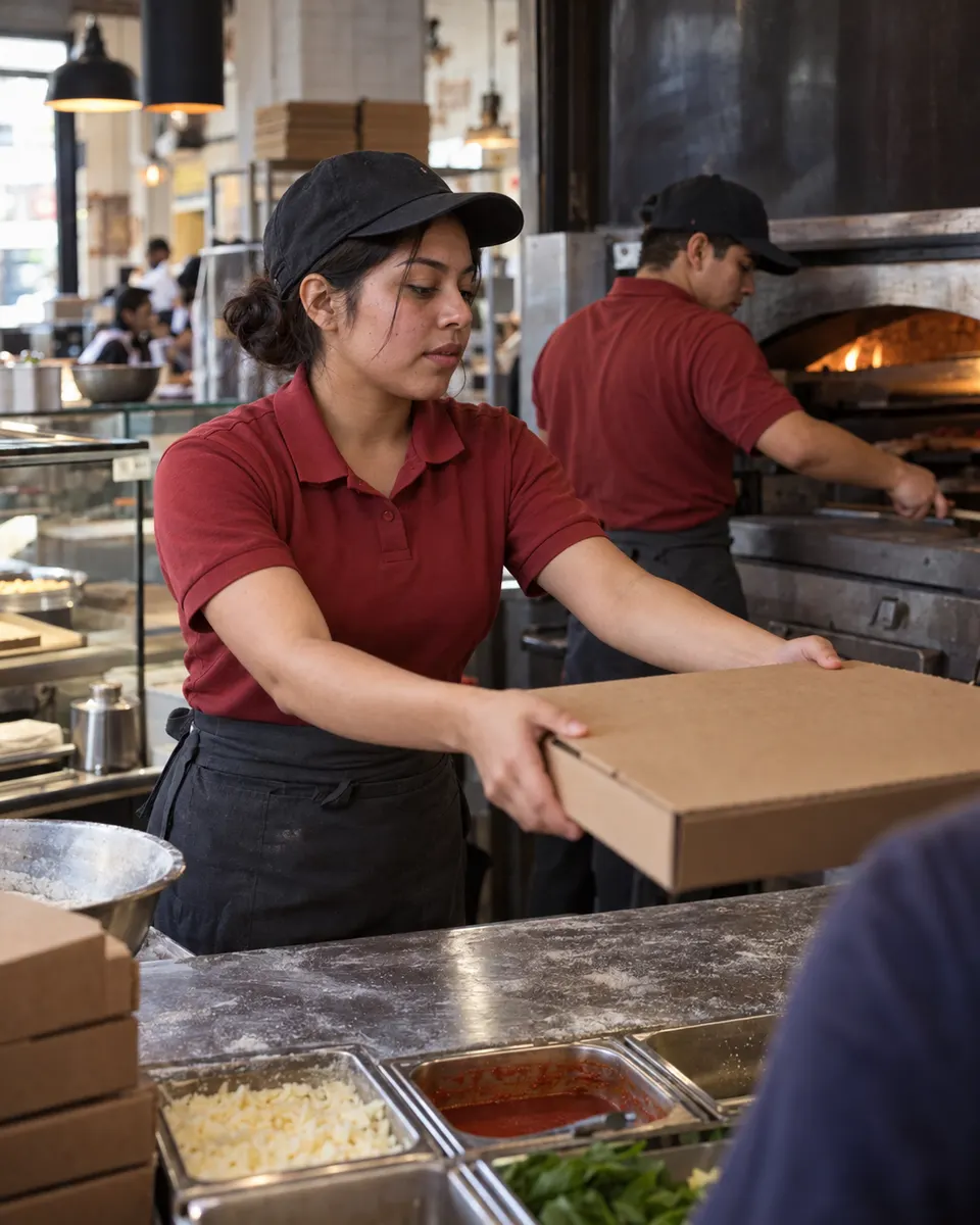 Equipo de una pizzería con polo de servicio, gorra y delantal de peto atiende en el mostrador
