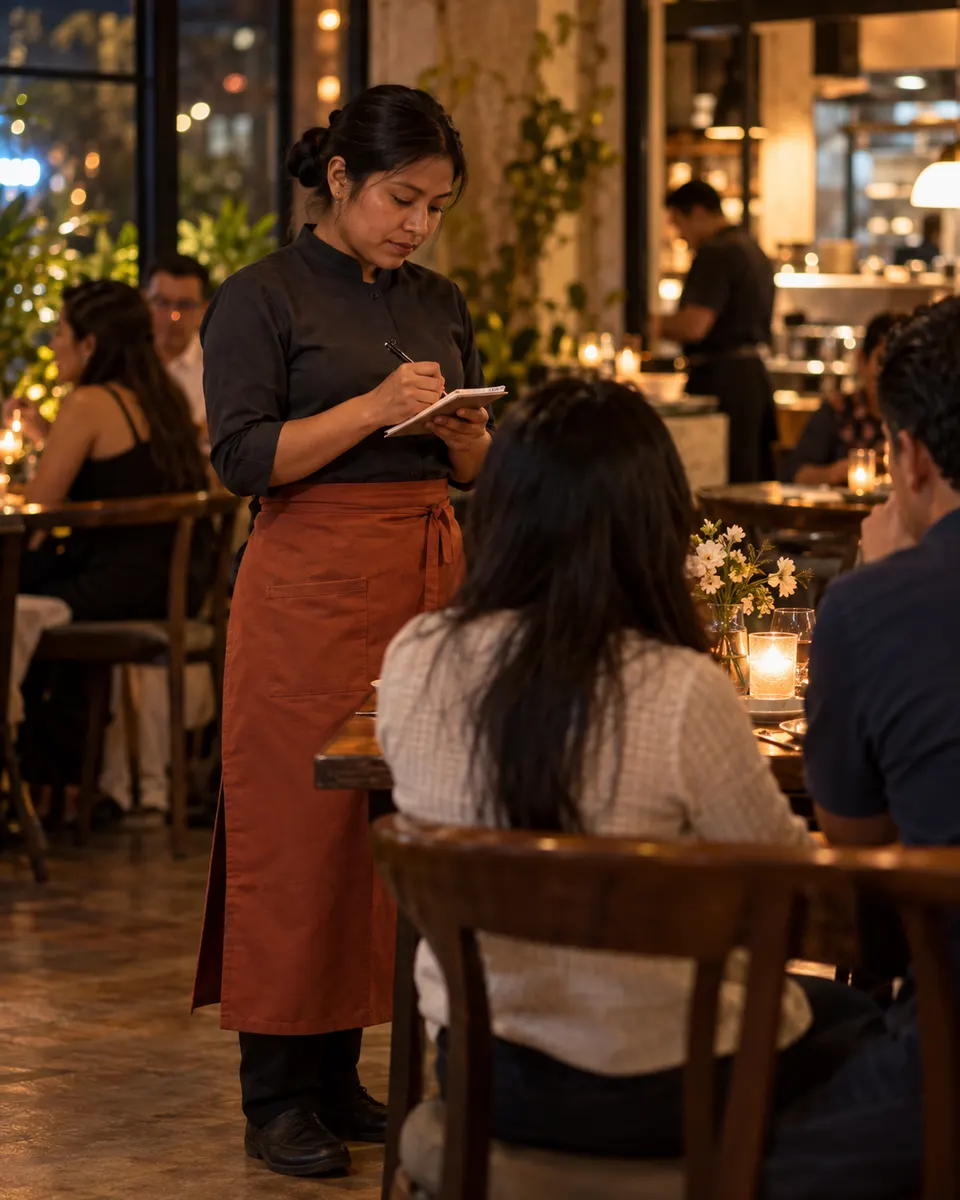 Mesera con camisa de servicio y delantal bistró largo toma la orden en el salón de un restaurante