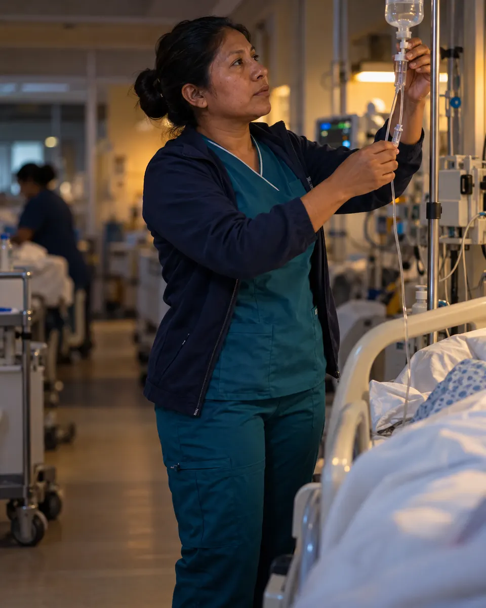 Enfermera con filipina petróleo y chumpa clínica ajusta un suero junto a la cama de un paciente