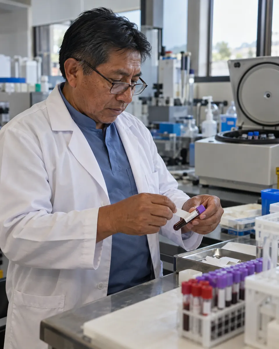 Laboratorista con bata blanca sobre filipina cuello mao rotula tubos de muestra