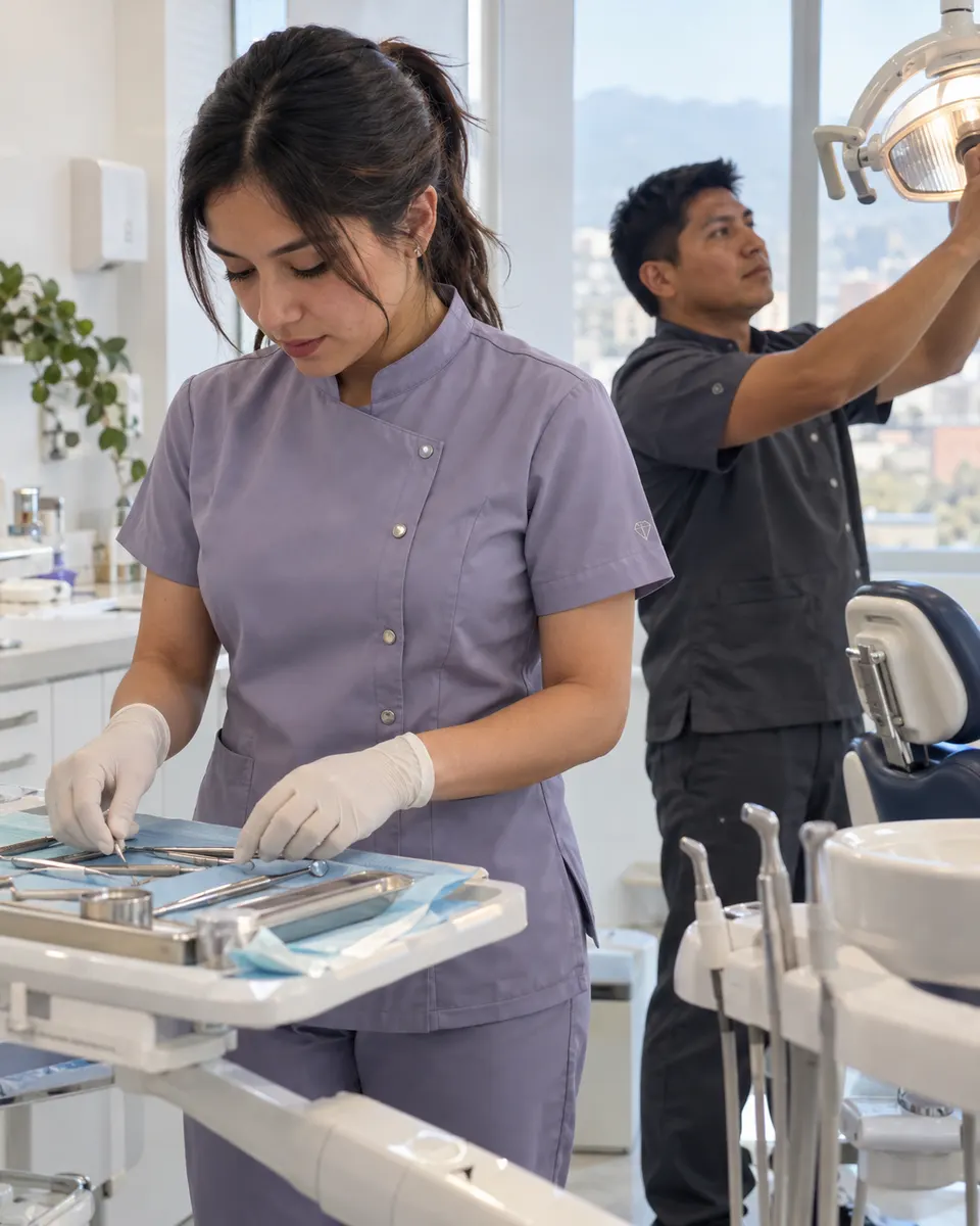 Odontóloga con filipina cruzada lila prepara el instrumental en una clínica dental