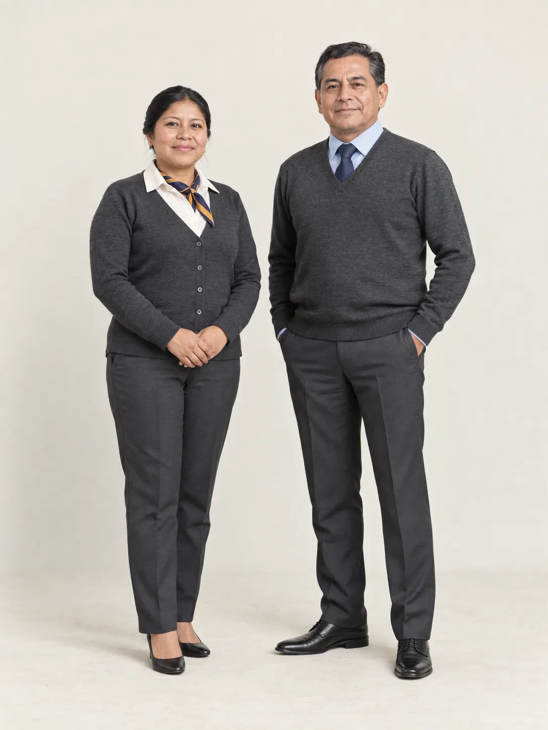 Mujer con cárdigan tejido gris carbón y pañoleta ámbar y azul; hombre con suéter tejido gris carbón de cuello V, camisa celeste y corbata azul marino