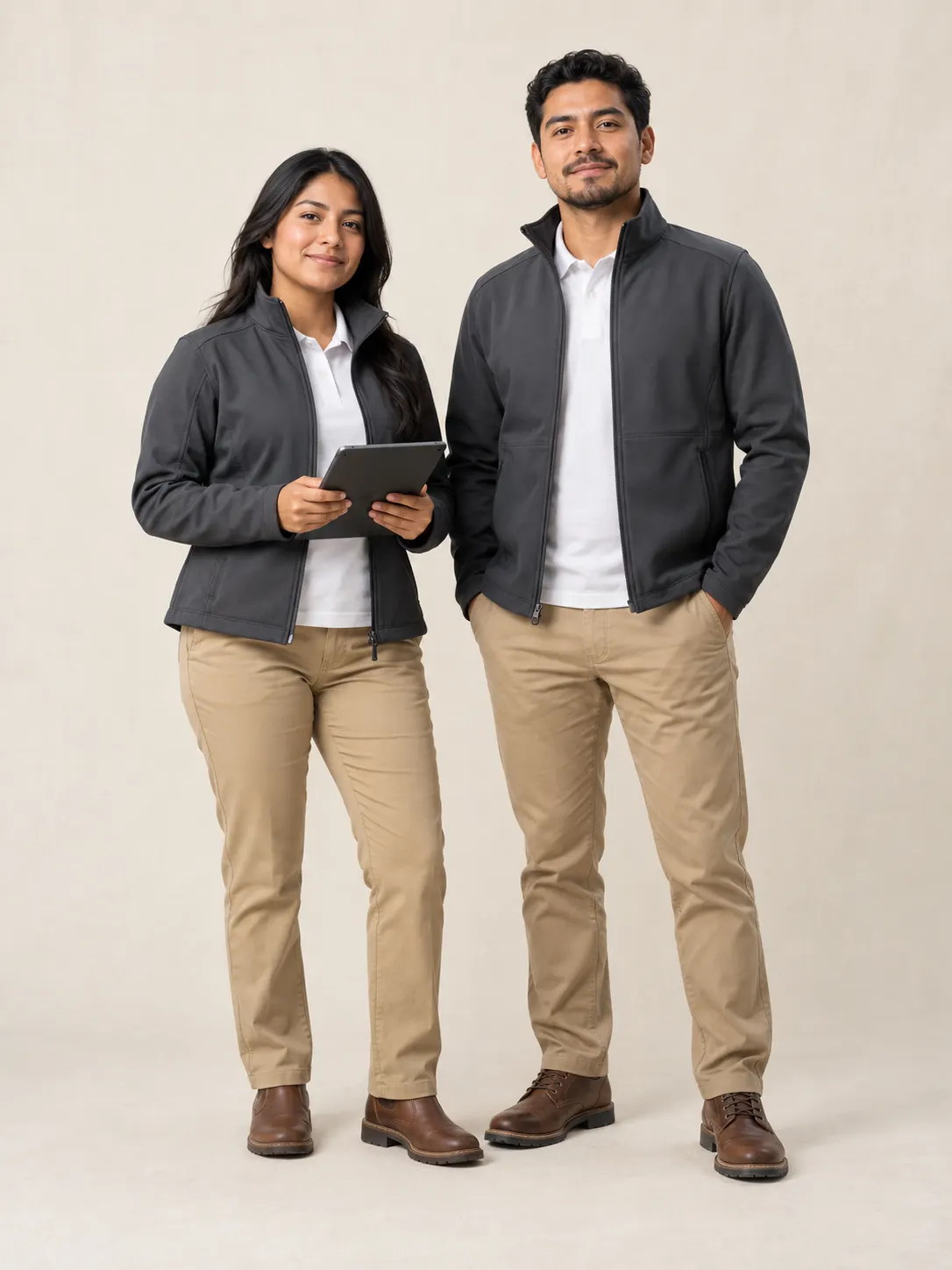 Mujer y hombre con chumpa softshell gris carbón, polo blanco y pantalón caqui; ella sostiene una tableta