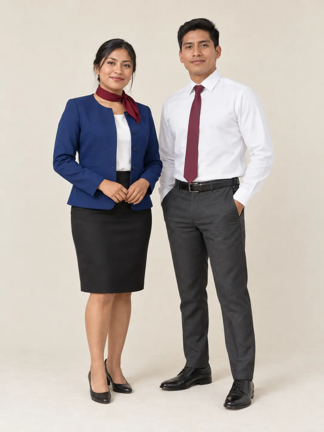 Recepcionista con blazer azul rey sin solapa, mascada vino y falda negra; hombre con camisa blanca, corbata vino y pantalón gris