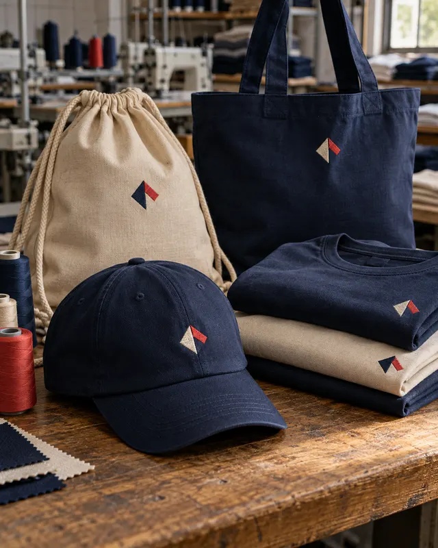 Textiles promocionales: gorras, mochilas de cordón, bolsas y playeras con el mismo emblema bordado