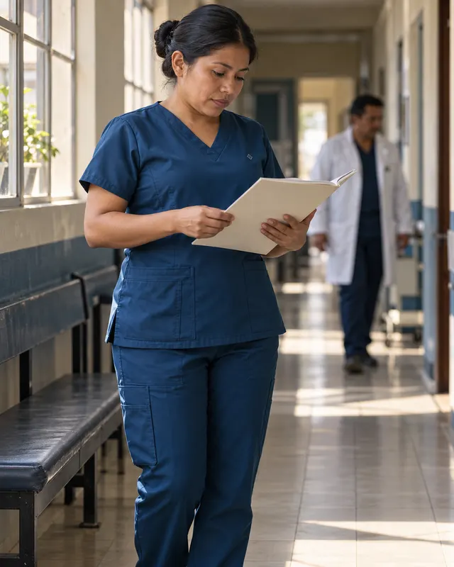 Uniformes médicos: enfermera con filipina clínica revisando un expediente en el pasillo de una clínica